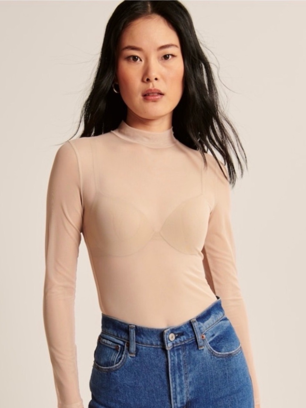 Abercrombie & Fitch Sheer Long-Sleeve Mock Neck Top in Nude